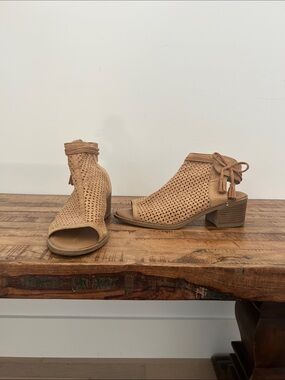 Justice Tan Perforated Peep-Toe Block Heel Mules